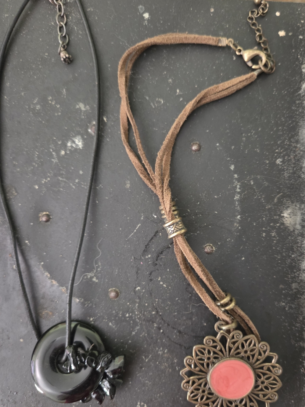 VINTAGE Floral Pendant Necklace with Coral Accent + Black Glass Donut Necklace